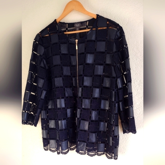 Chico's Travelers Navy Faux Leather Open Weave Jacket - Picture 3 of 5